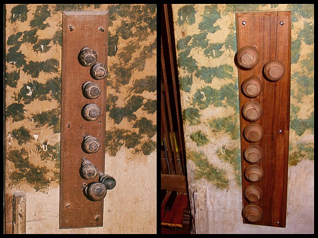 Pomelli in legno tornito originali e ricostruiti, prima e dopo il restauro